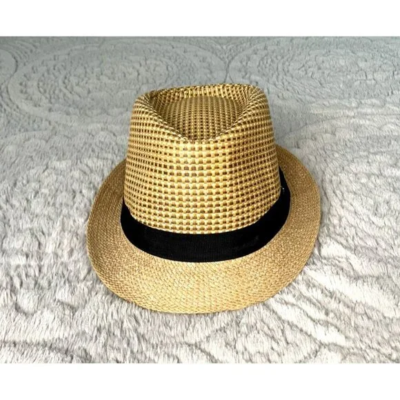 Straw Tan Fedora Hat with Black Ribbon Band 7/14 - Picture 1 of 4